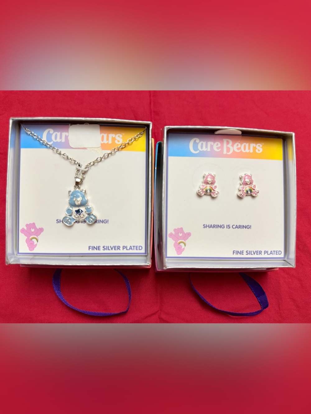 Care Bears Crystal Pendant Necklace & Crystal Stud Earrings Fine silver plated